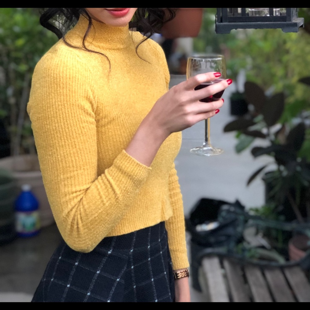 Mustard Gold Fuzzy Mock Neck Crop Sweater